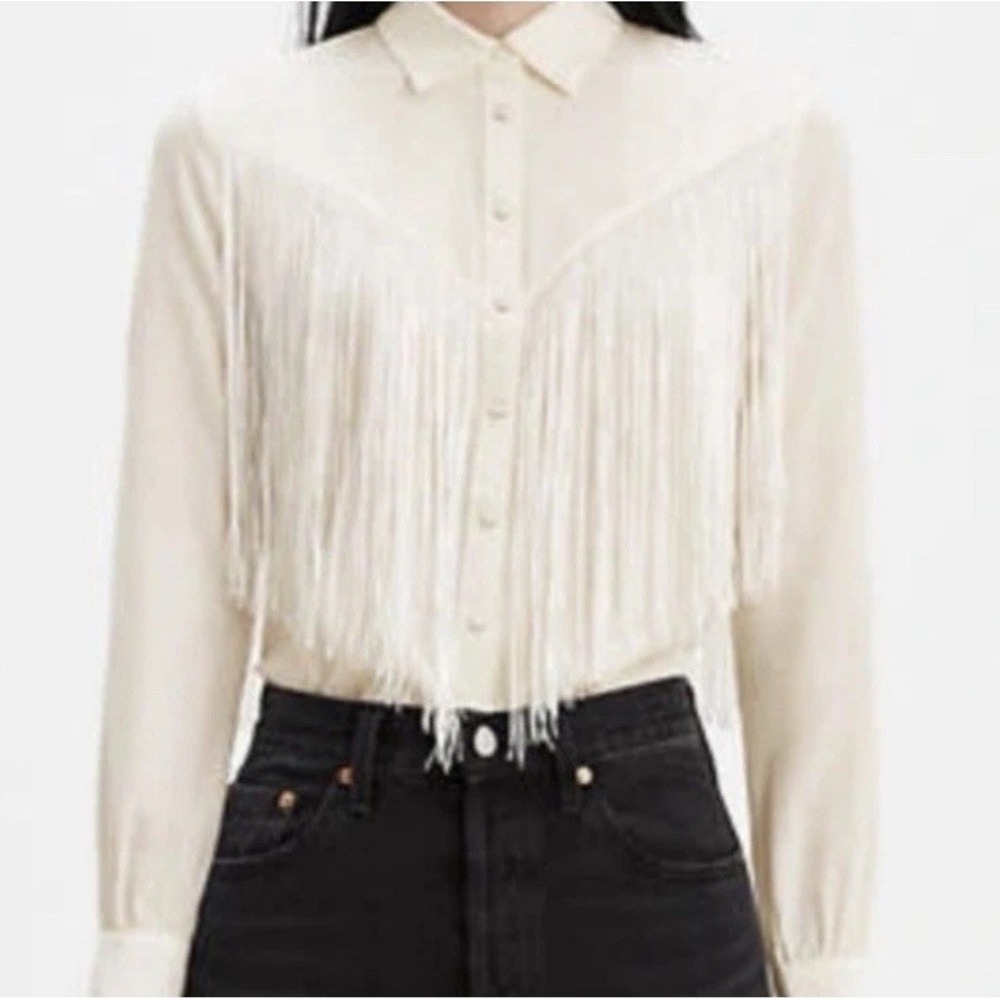 Levis Annie Top Womens Western Fringe Long Sleeve Pearl Snap Shirt White Sz M